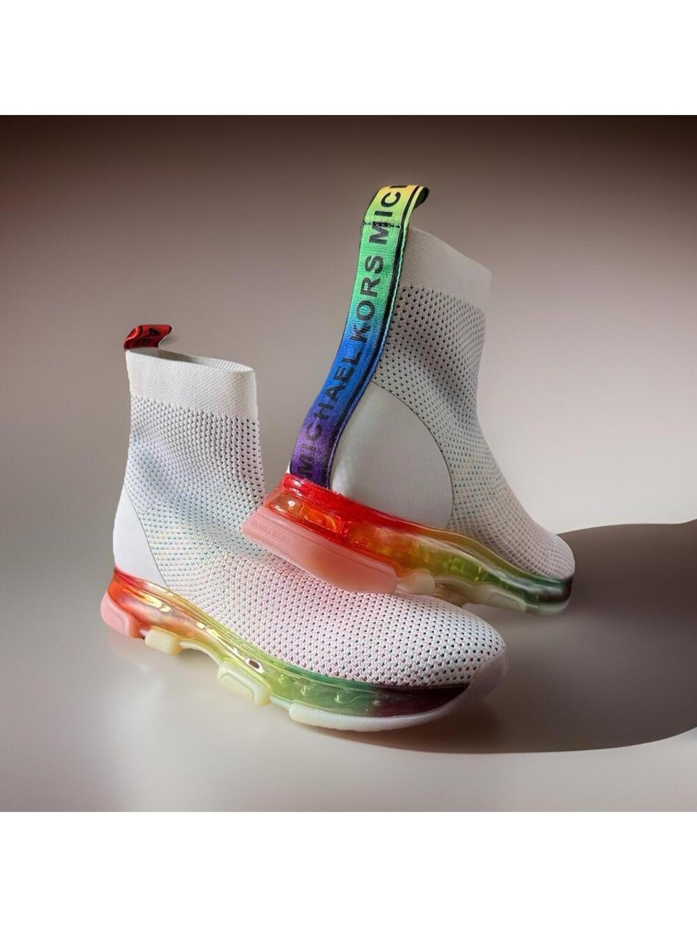 Michael Kors Pride Rainbow Sole Sock Sneakers White Knit Shoes Womens 6.5